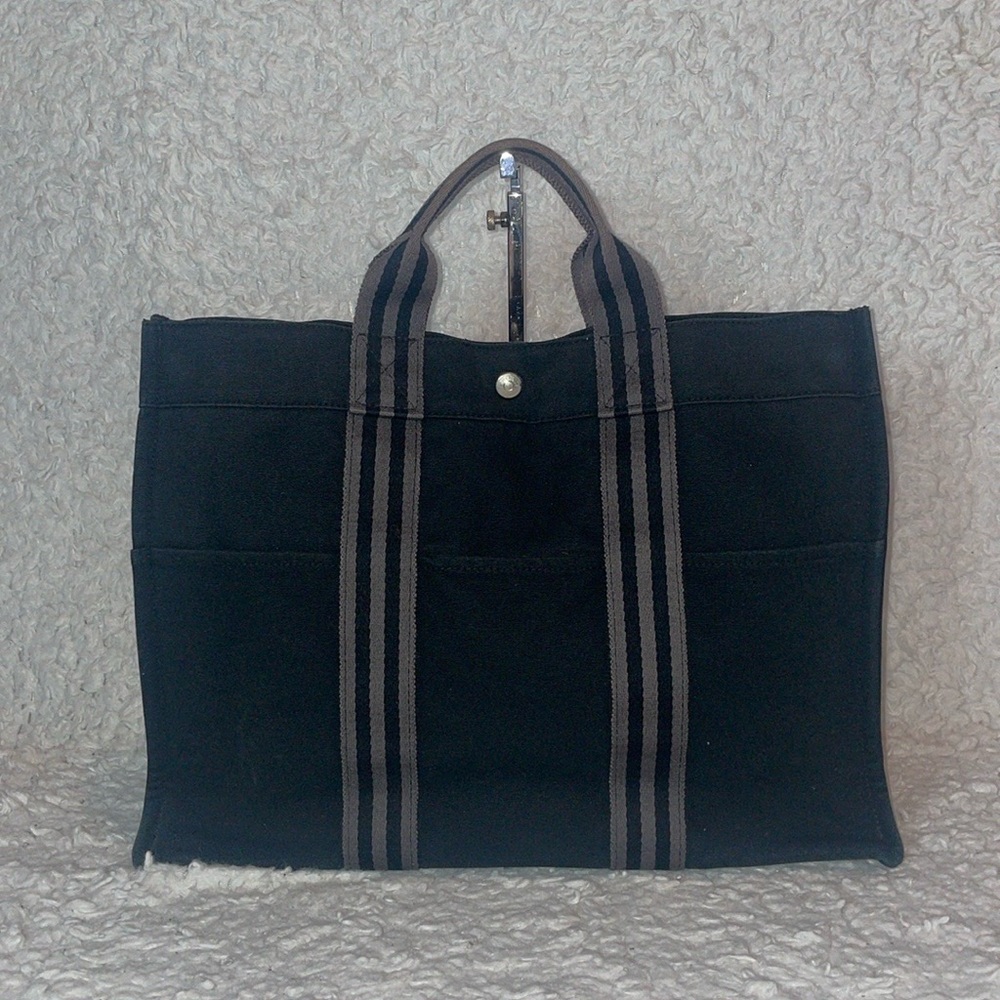 Hermes Large Canvas Fourre Tout Striped Cotton GM Shoulder Tote Bag Black Gray - Picture 6 of 16